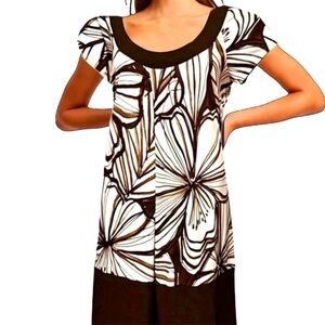 Scarlett Brown Tan & White Floral Raglan Short Sleeve Shift Mini Sun Dress Sz 14